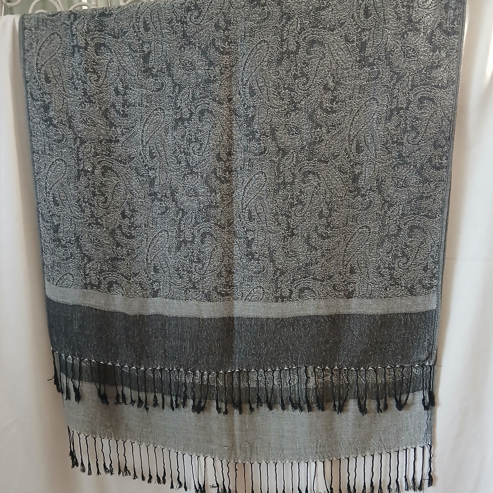 Wool And Silk Pashmina Paisley Patterned Scarf or Wrap with Fringe